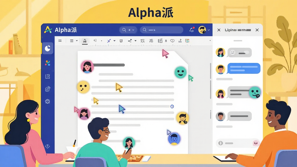 一张展示多人协作场景的插画,主体是“Alpha派”APP的文档编辑界面,多个不同颜色的光标头像分布在文档各处,右侧有聊天讨论的侧边栏,顶部显示“Alpha派”名称,整体色彩明亮,布局合理,风格现代且充满活力,细节到位,画质干净清晰。