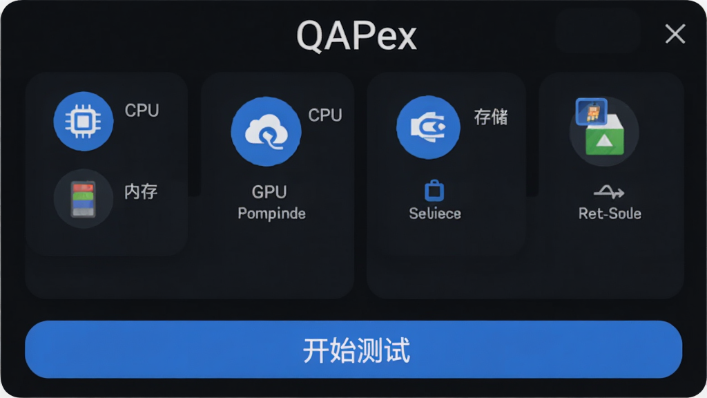 QAPex���������棬һ���ֻ����ܲ��Թ��ߣ����������ɫ���⣬������ʾ��QAPex���������м��г�CPU��GPU���ڴ桢�洢�Ȳ���ѡ�ÿ��ѡ������Բ��ͼ�꣬�ײ���һ����Ŀ�ġ���ʼ���ԡ���ť�����岼�ּ�࣬��ƽ����ƣ�ɫ��������Ϊ����ϸ��Բ�󣬻��ʸɾ��޶���Ԫ��