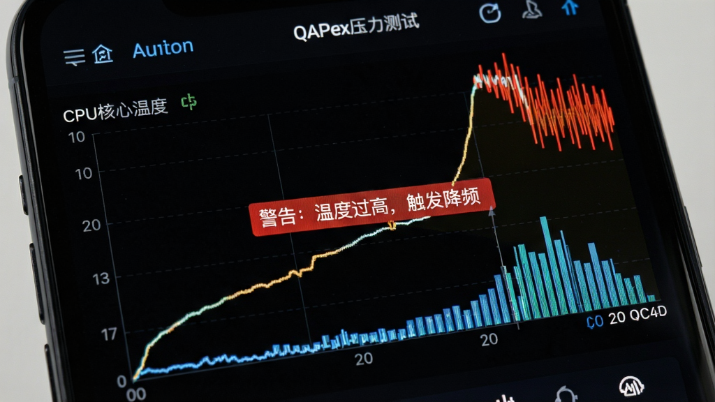 QAPexѹ�����Խ��棬�ֻ���Ļ��ʾCPU�����¶����ߺ͹�����״ͼ������Ϊ��ɫ�����߳��������ƣ�����ߵ����ֶ�������Ļ���С����棺�¶ȹ��ߣ�������Ƶ���ĺ�ɫ��ʾ���֣�����дʵ��ϸ�ڷḻ�����ʸɾ�