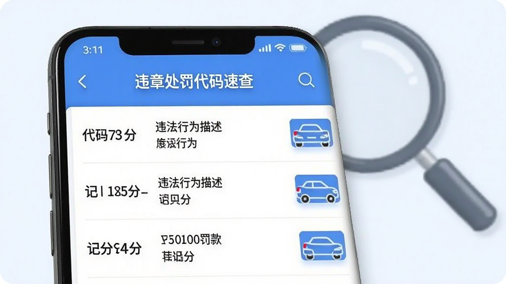 展示“违章处罚代码速查”软件功能的插图,主体为一部智能手机屏幕特写,屏幕中显示搜索结果列表,每条结果包含代码、违法行为描述、记分和罚款,背景有放大镜图标,布局左侧文字右侧图标,排版整齐,风格简洁现代,细节清晰,画质干净,无多余元素