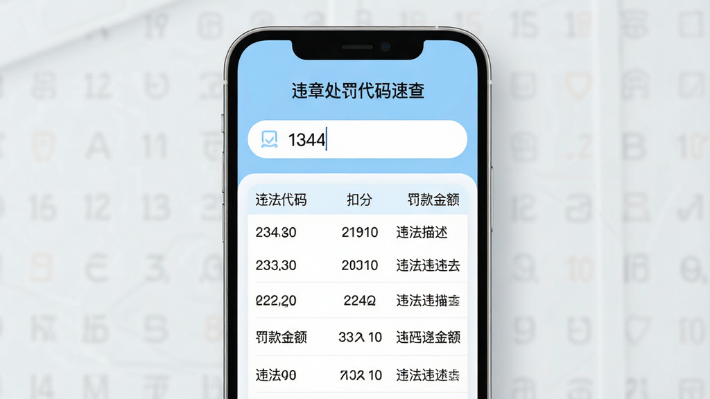 一幅手机应用界面的高清展示图,主体为“违章处罚代码速查”APP的主屏幕,屏幕中央有一个搜索框,输入数字“1344”,下方清晰列出违法代码、扣分、罚款金额及违法描述,界面布局简洁,以浅蓝色和白色为主色调,整体风格扁平化,细节圆润,画质干净,无多余元素
