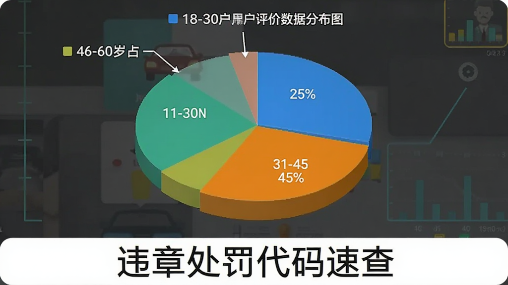 用户评价数据分布图,主体为一个饼状图,显示18-30岁占25%,31-45岁占45%,46-60岁占30%,图表下方有“违章处罚代码速查”字样,布局简洁,配色明亮,风格现代,细节清晰,画质干净,无多余元素