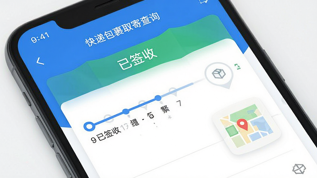 手机界面展示“快递包裹取寄查询”的物流跟踪页面,显示“已签收”状态,时间节点清晰,地图小图标,界面清爽,蓝白配色,扁平化设计,画质干净
