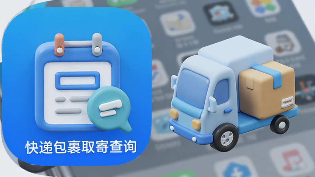 手机桌面上的“快递包裹取寄查询”图标,旁边有物流小车和包裹的立体插画,蓝色调,3D风格,画质干净,无多余元素