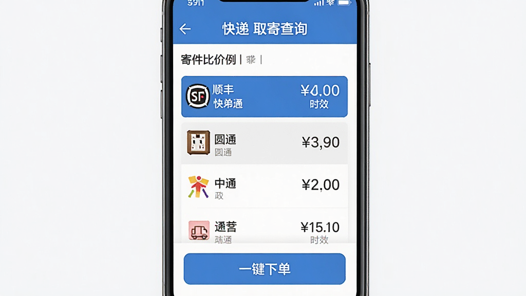 手机界面展示“快递包裹取寄查询”的寄件比价页面,列出顺丰、圆通、中通等快递公司的价格和时效,底部“一键下单”按钮,界面数据清晰,蓝白配色,扁平化设计,画质干净