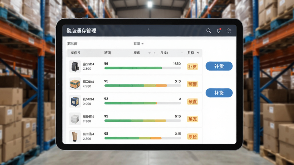 勤店通库存管理界面展示,主体为平板电脑横放,屏幕展示商品库存列表,每行商品带有库存数量进度条和预警颜色标识,右侧有补货按钮,背景为仓库货架,布局合理,风格简洁,细节真实,画质清晰,无多余元素。