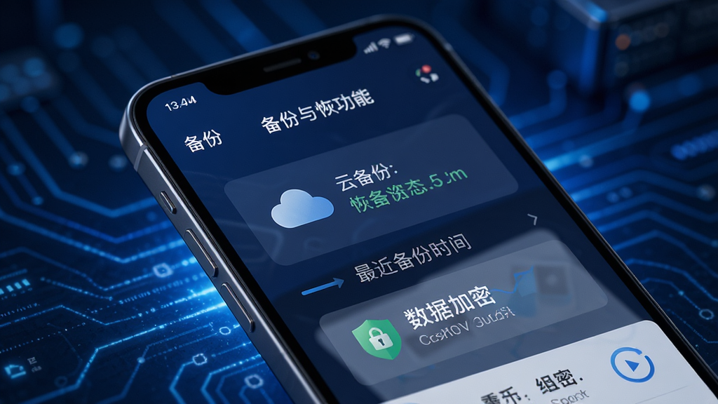勤店通数据安全防护界面,主体为手机屏幕特写,屏幕展示备份与恢复功能页面,包含云备份状态、最近备份时间、数据加密标识,背景为深蓝色科技感光效,布局简洁,风格科技,细节精致,画质高清,无多余元素。