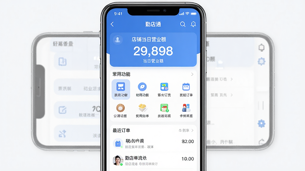 一张展示勤店通软件核心全貌的界面截图,主体为智能手机横屏展示,屏幕内清晰显示勤店通主界面,布局从上到下依次是店铺当日营业额大数字展示、常用功能图标矩阵、最近订单流水列表,排版整齐,现代扁平化风格,以蓝白为主色调,细节圆润,画质高清干净,无多余元素。