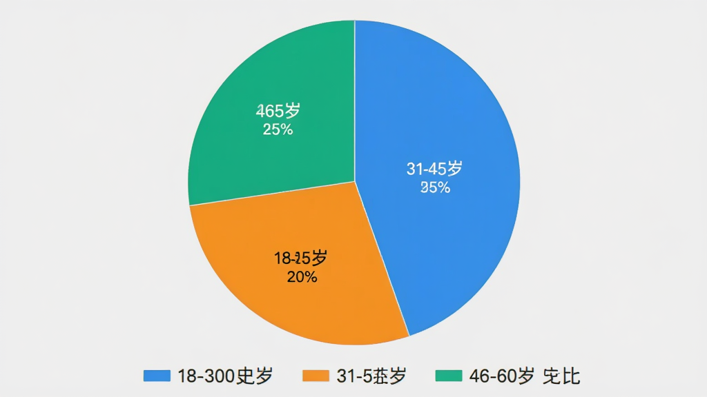 勤店通用户评价数据饼状图,主体为彩色饼状图,分为三个年龄段:18-30岁占比20%,31-45岁占比55%,46-60岁占比25%,图表下方配有图例说明,背景为浅灰色,风格简洁,色彩鲜明,画质干净,无多余元素。