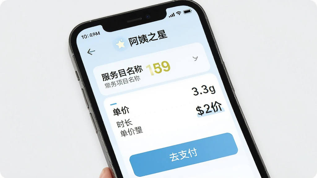 一张手机界面设计图,显示“阿姨之星”的订单确认页面,页面中有服务项目名称、时长、单价和总价,下方有“去支付”按钮,背景是淡蓝色,整体风格简约清晰,数字醒目,重点信息高亮,画质干净。