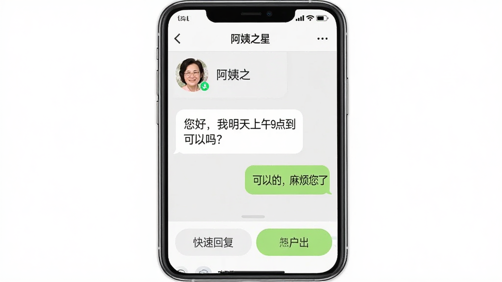 一张手机竖屏截图,展示“阿姨之星”的聊天界面,顶部是阿姨的头像和姓名,下方是消息气泡,其中有“您好,我明天上午9点到可以吗?”和用户回复“可以的,麻烦您了”,底部有快捷回复按钮,界面风格简洁友好,画质干净。