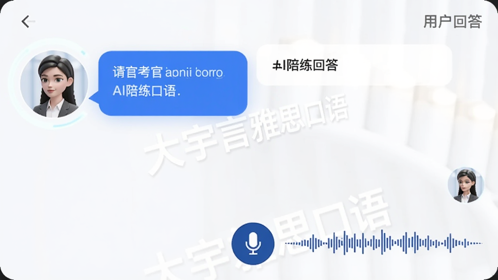 展示AI陪练对话界面,左侧是虚拟考官的头像气泡,右侧是用户的回答,下方是麦克风按钮和实时语音波形,界面有“大宇言雅思口语”的水印,风格简洁清晰,突出对话感和科技感,画质干净。