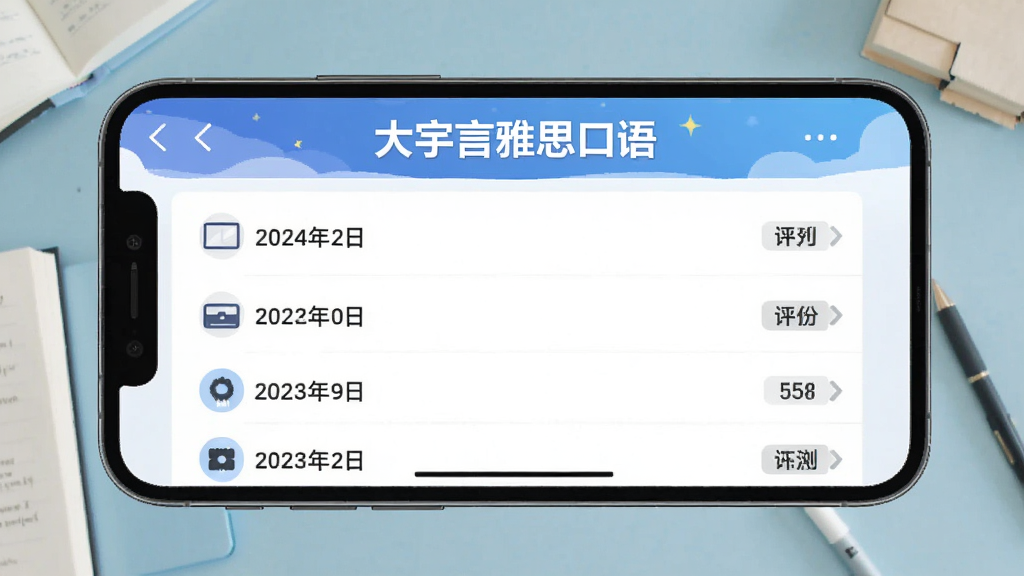 一张手机横屏截图,显示App的练习历史记录列表,每条记录有日期、练习时长和评分,顶部有“大宇言雅思口语”的横幅,背景是淡蓝色的学习桌面,风格整洁,画质干净。