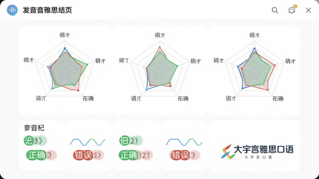 展示发音评估结果页面,屏幕上显示多个维度的评分雷达图,下方有具体单词的发音标记,正确为绿色,错误为红色,旁边有“大宇言雅思口语”的Logo,界面数据可视化清晰,风格专业但不压抑,画质干净。