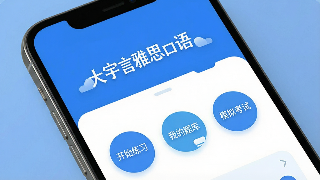 一张手机屏幕特写,屏幕正中显示App主界面,顶部有“大宇言雅思口语”字样,界面以蓝白为主色调,布局清晰,下方有“开始练习”、“我的题库”、“模拟考试”三个圆形按钮,整体风格现代扁平,细节圆润,画质干净无多余元素。