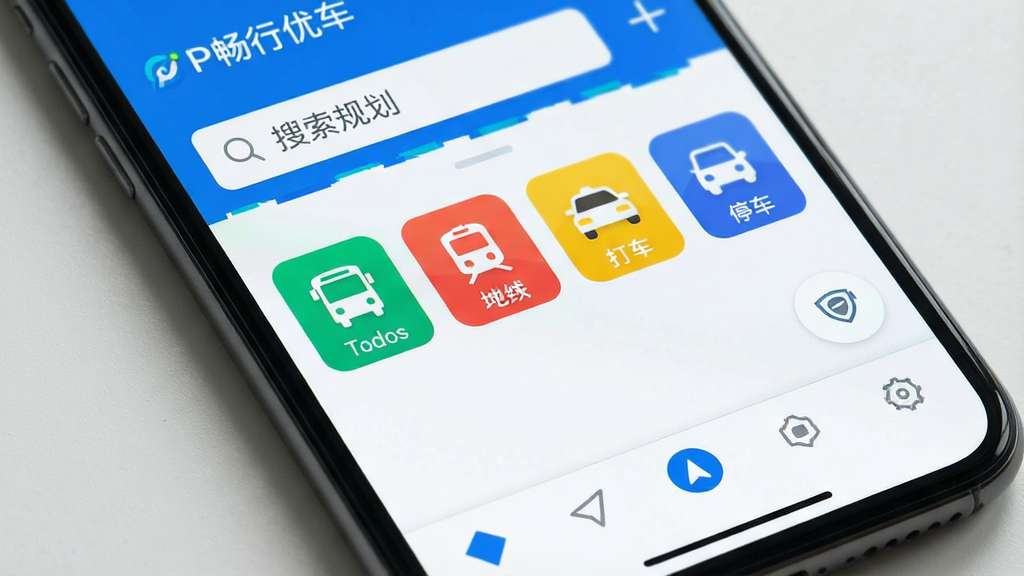 一张智能手机屏幕的特写,屏幕上清晰显示“畅行优车”APP的主界面,界面风格简洁现代,以蓝白为主色调,顶部是路线规划搜索框,中间是公交、地铁、打车、停车等彩色功能图标按钮,底部为导航栏,整体布局清晰,主体突出,画质干净,无多余元素。