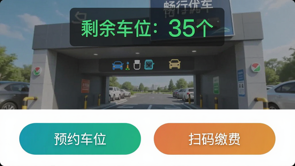 一张畅行优车APP的智慧停车功能截图,页面显示一个停车场入口,上方显示“剩余车位:35个”的绿色数字,下方有“预约车位”和“扫码缴费”两个按钮,界面风格简洁,画质干净,无多余元素。
