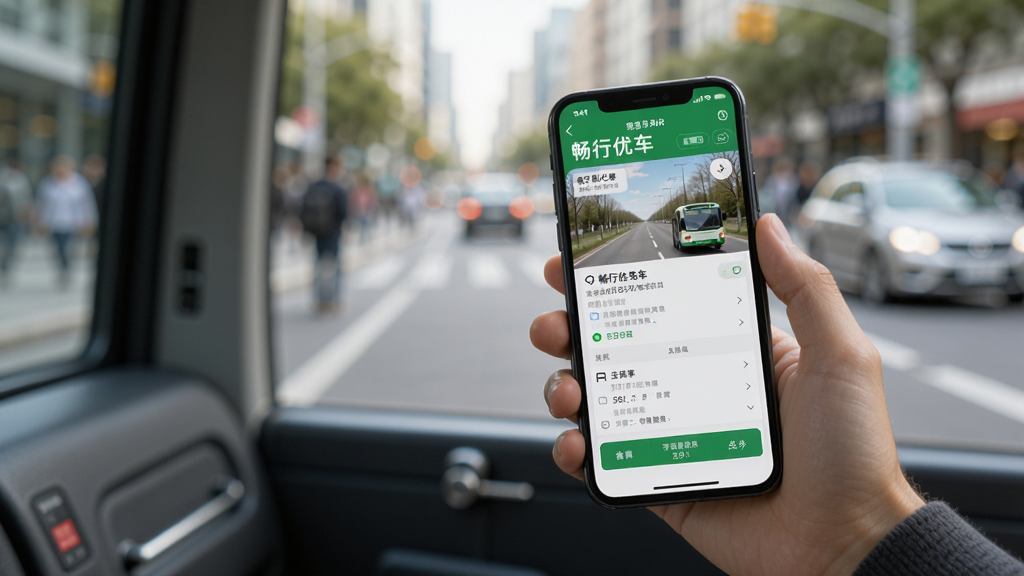 一张畅行优车APP在户外场景下使用的照片,一个年轻人手持手机,手机屏幕显示畅行优车的实时公交界面,背景是模糊的城市街道,主体清晰,画质干净,无多余元素。