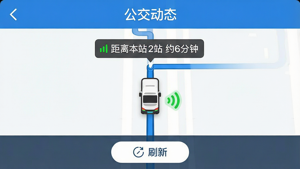一张畅行优车APP的实时公交界面截图,页面顶部显示“公交动态”,中间是一辆公交车的行驶路线图,并标注“距离本站 2站 约6分钟”的字样,车辆图标旁有绿色信号标识,底部是刷新按钮,画质干净,无多余元素。
