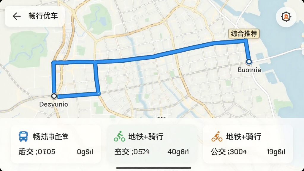 一张畅行优车APP的路线规划结果页面截图,页面背景为浅色地图,中间显示一条从起点到终点的综合推荐路线,用蓝色粗线高亮,下方卡片列出“公交+步行”、“地铁+骑行”等不同方案的时间与费用,排版清晰,画质干净,无多余元素。