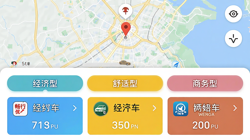一张畅行优车APP的聚合打车页面截图,页面显示一个地图,地图下方列出“经济型”、“舒适型”、“商务型”三个标签,每个标签下显示不同网约车平台的名称和预估价格,颜色醒目,排版清晰,画质干净,无多余元素。