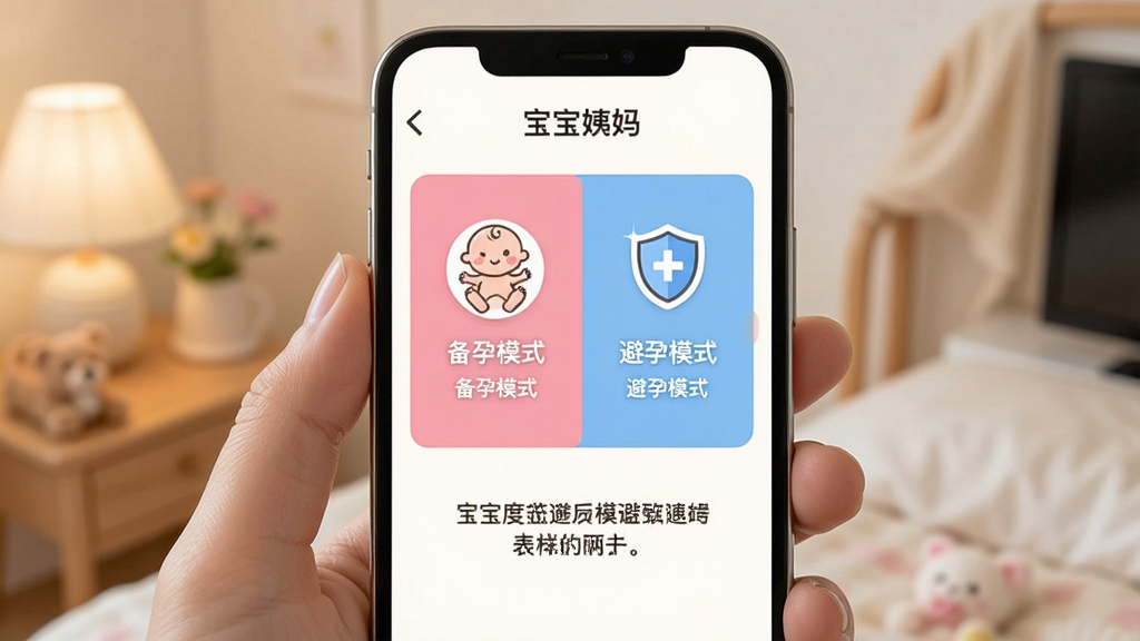 手机展示“宝宝姨妈”的模式切换界面,屏幕上显示“备孕模式”和“避孕模式”两个选项,分别用粉色和蓝色背景区分,备孕模式图标为可爱婴儿,避孕模式图标为盾牌,界面下方有文字说明,整体风格温馨,画质干净无多余元素