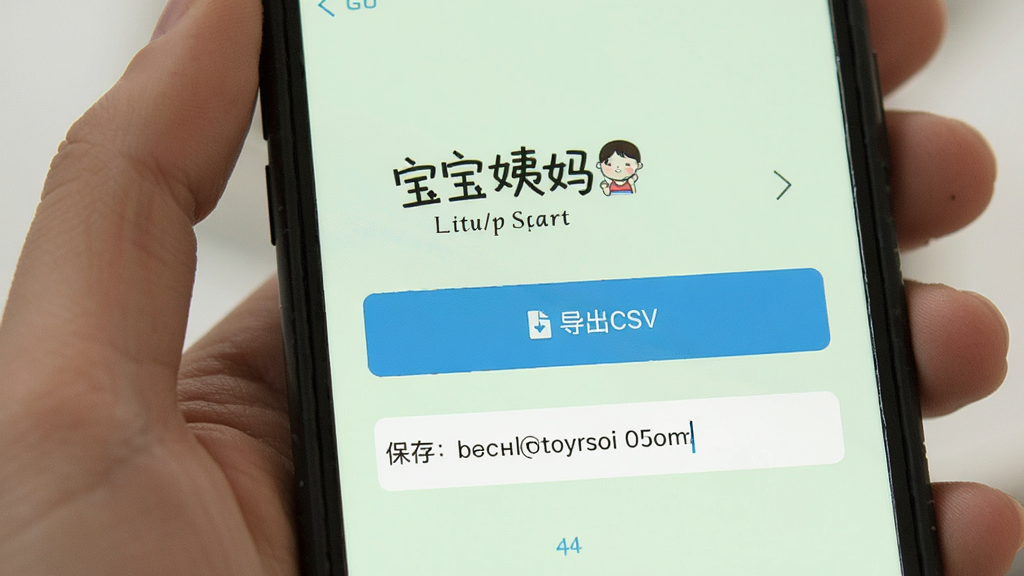 手机展示“宝宝姨妈”的记录数据导出页面,屏幕上有“导出CSV”按钮,下方显示文件保存路径,背景为浅绿色,整体风格简洁,画质干净无多余元素