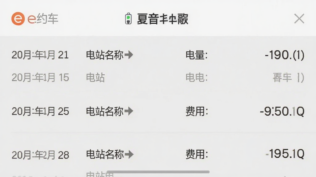 一张手机截图展示e约车App的充电记录列表,包含日期、电站名称、电量、费用等条目,列表清晰易读,界面简洁,背景为浅灰色,画质干净。