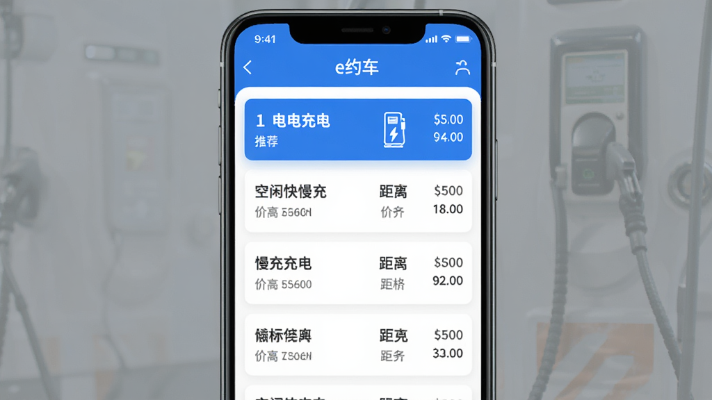 简洁的手机界面展示e约车App的电站筛选功能,列表显示不同充电站名称、空闲快充慢充数量、距离和价格,其中第一个站点高亮显示“推荐”,界面风格扁平,蓝白配色,文字清晰,画质干净。