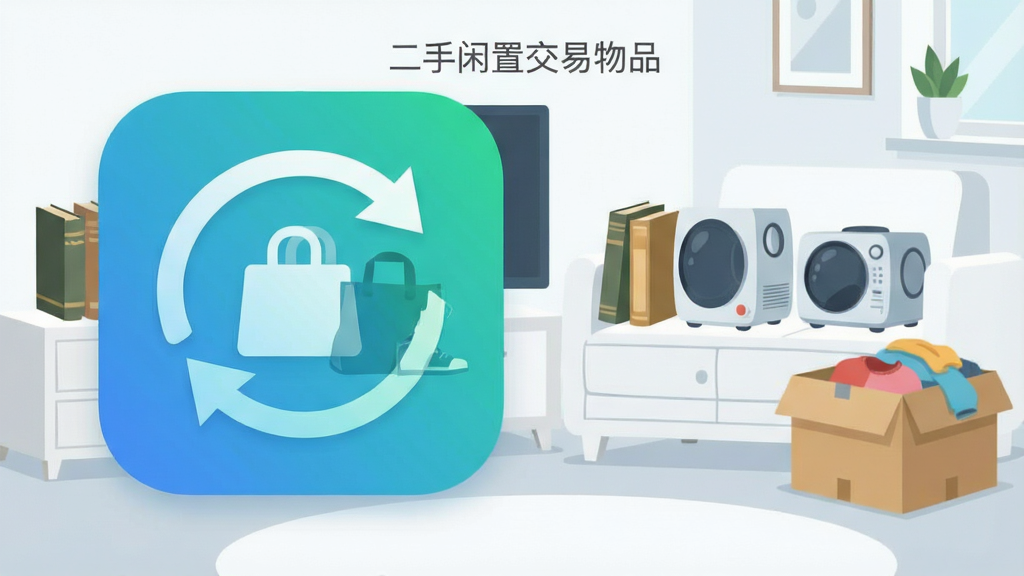 一张手机应用商店风格的主视觉图,主体为“二手闲置交易物品”应用图标,采用蓝绿渐变配色,图标中心有循环箭头与两个重叠的物品剪影。背景是整洁明亮的客厅角落,摆放着旧书、小家电、衣物箱等闲置物件,整体风格简洁现代,扁平插画风,文字仅显示“二手闲置交易物品”,画质干净无多余元素。