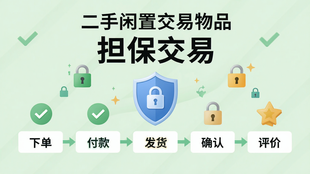 安全支付界面展示,主体为“二手闲置交易物品”担保交易流程示意图,分为“下单-付款-发货-确认-评价”五步,中间有盾牌图标,背景为淡绿色,配有对勾与锁头元素,风格简洁直观,文字“担保交易”清晰可见,画质干净无多余元素。
