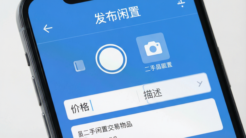手机界面特写,展示“二手闲置交易物品”一键发布页面,顶部显示“发布闲置”,中间是拍摄按钮和相册选择,下方有价格输入框和描述栏,风格现代扁平,蓝色主调,界面干净,布局清晰,文字标注“二手闲置交易物品”,画质细腻无多余元素。