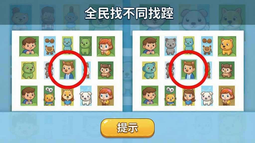一张展示《全民找不同找茬》游戏内提示功能的图片,画面中两张相似的图片上有一个红色圆圈圈住一处差异,界面下方有“提示”按钮,整体风格清晰直观,画质干净,布局简洁,重点突出,无多余元素。