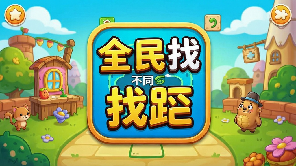 一张展示手机游戏《全民找不同找茬》主界面的高清图片,游戏图标醒目,背景是色彩鲜艳、细节丰富的卡通场景,画面中有“全民找不同找茬”字样,整体风格活泼明快,主体清晰,布局居中,排版简洁,画质干净无多余元素。