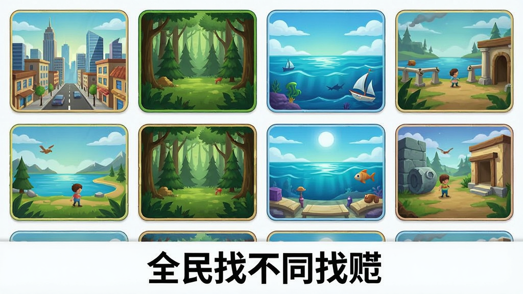 一张展示《全民找不同找茬》游戏关卡选择界面的图片,画面中排列着多个精致的关卡缩略图,每个缩略图风格各异,有城市、森林、海洋等场景,界面底部有“全民找不同找茬”字样,主体明确,布局网格化,排版整齐,画质清晰干净。