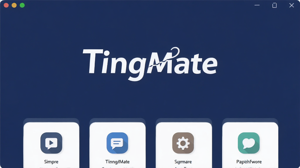 一幅展示TingMate软件主界面的高清截图,界面以深蓝色为背景,中央有“TingMate”白色艺术字logo,下方排列着几个主要功能图标,界面风格简洁现代,扁平化设计,画质干净,无多余元素。