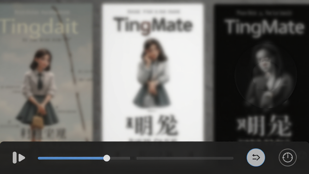 一张展示TingMate播放器界面的图片,界面下方有播放进度条、播放速度按钮和定时关闭图标,背景是模糊的书籍封面,整体风格简洁,画质干净。