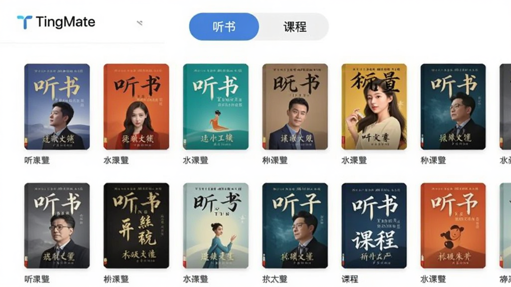 一张展示TingMate资源库界面的图片,界面顶部有“听书”和“课程”两个标签,下方排列着许多书籍封面缩略图,风格现代,色彩丰富,画质清晰。