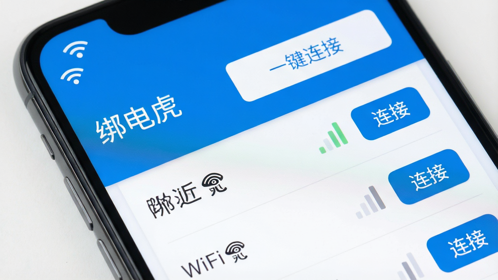 一张智能手机屏幕的特写,屏幕中显示名为“绑电虎”的App主界面,界面采用蓝白简约风格,顶部有WiFi信号图标和“一键连接”按钮,中间是附近WiFi列表,每个列表项右侧有信号强度指示和“连接”按钮,整体风格扁平化设计,画质干净清晰,无多余元素,突出软件名称“绑电虎”。