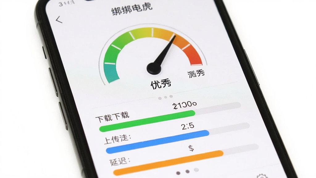 手机界面显示“绑电虎”的测速结果页面,上方有速度仪表盘指针指向“优秀”区域,下方有下载、上传、延迟三项数据,分别用绿色、蓝色、橙色进度条展示,背景为白色,数据清晰易读,风格简洁。