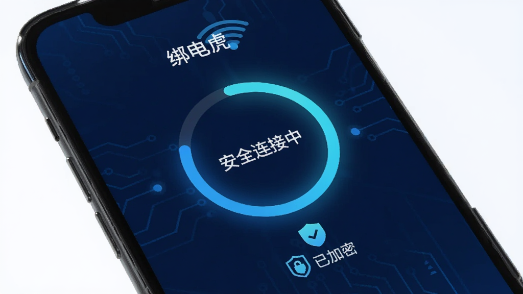 手机屏幕展示“绑电虎”正在连接WiFi的动画界面,中央有一个圆形的加载进度环,环内显示“安全连接中”字样,下方有“已加密”盾牌图标,背景为深蓝色,科技感十足,画面干净无多余元素。