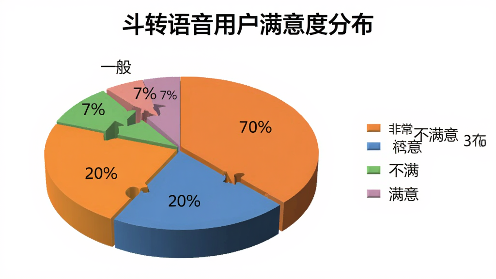 一张用户满意度评价的饼状图,标题为“斗转语音用户满意度分布”,图中显示非常满意占比70%、满意占比20%、一般占比7%、不满意占比3%,用不同颜色区分,风格为简洁的3D饼状图,图例在右侧,画质清晰,无多余元素。
