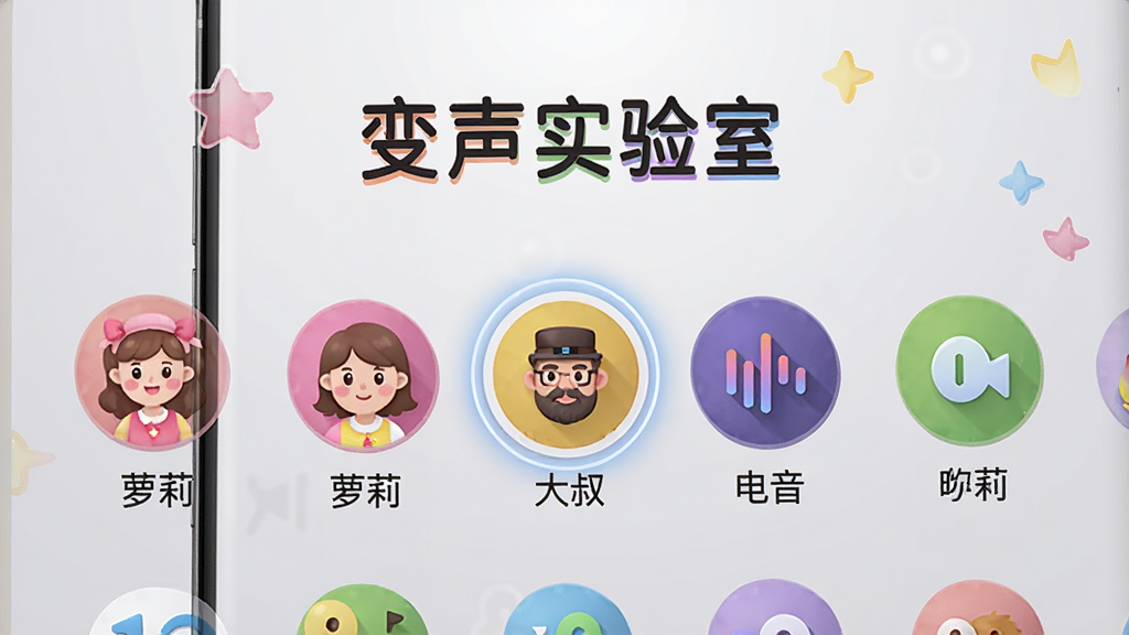 展示斗转语音变声功能界面的图片,主体为手机竖屏界面,中央是“变声实验室”标题,下方排列多个彩色圆形图标,每个图标下方标注“萝莉”、“大叔”、“电音”等文字,选中“萝莉”图标高亮显示,界面风格活泼,背景为浅灰色渐变,排版整齐,细节清晰,画质干净。