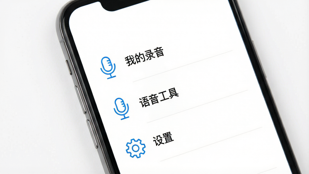 一张展示斗转语音简洁界面的图片,主体为手机截图,显示应用主页从上到下依次为“我的录音”、“语音工具”、“设置”三个模块,图标为蓝色线条风格,背景纯白,整体排版极简,没有多余广告横幅,风格清爽,细节干净,画质高清。