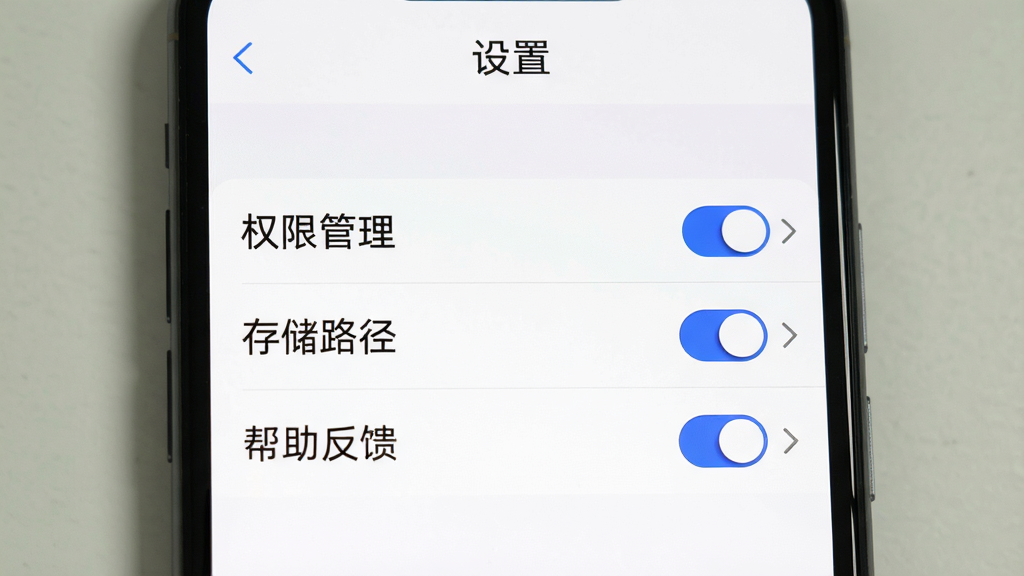 一张显示斗转语音设置界面的图片,主体为手机屏幕,显示“设置”页面,包含“权限管理”、“存储路径”、“帮助反馈”等选项,每个选项右侧有开关或箭头图标,界面为白色背景,黑色文字,蓝色高亮开关,布局清晰,风格简洁,画质干净。