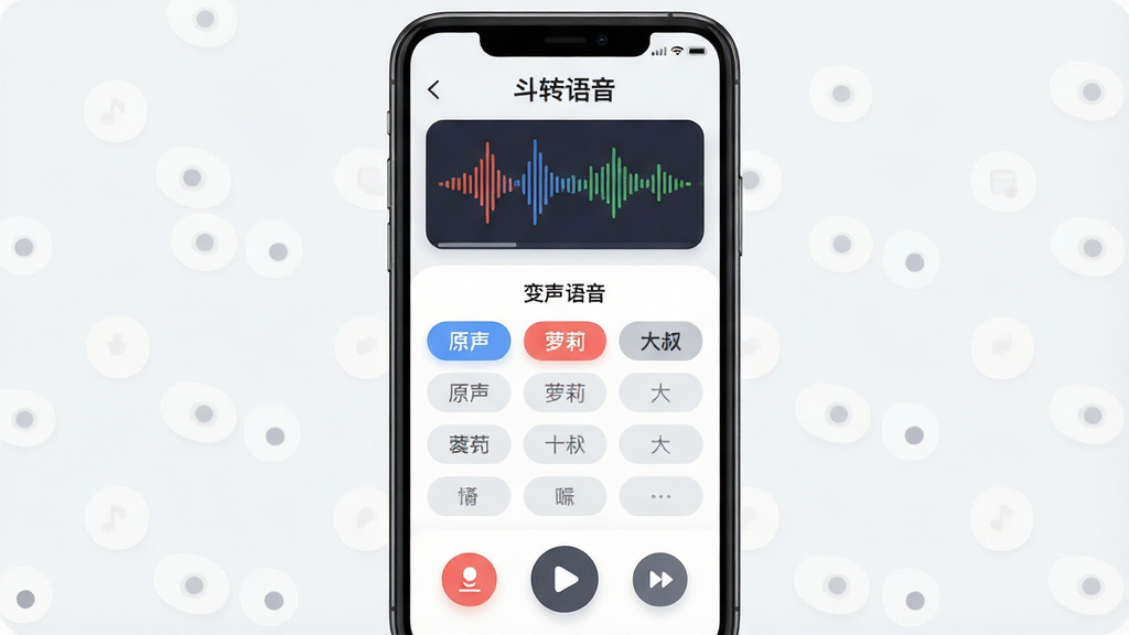 一张展示斗转语音应用全貌的图片,主体为智能手机屏幕,屏幕内清晰显示“斗转语音”主界面,布局简洁,上方为音频波形动态图,中间为变声模式选择列表(包含原声、萝莉、大叔等标签),底部为录音与播放控制按钮。排版采用居中对称,风格现代扁平,细节圆润,画质干净无多余元素。