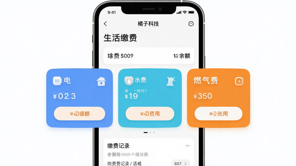 一幅关于“橘子科技”聚合功能的应用界面插画,主体是手机屏幕,显示“生活缴费”页面,上面有电费、水费、燃气费三个彩色卡片,每个卡片带有金额和缴费按钮,布局为卡片列表式,风格清爽,细节有余额显示和缴费记录,画质干净无多余元素。
