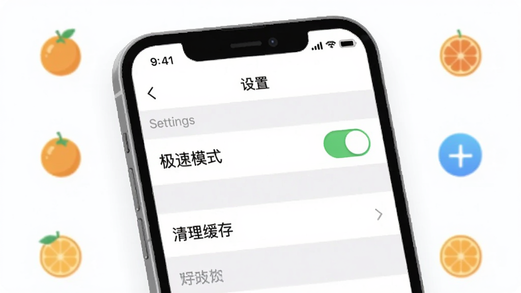 一幅关于“橘子科技”使用场景的插画,主体是手机屏幕显示“设置”页面,其中“极速模式”开关处于开启状态,背景有简洁的图标,布局为列表式,风格清新,细节有“清理缓存”选项,画质干净无多余元素。