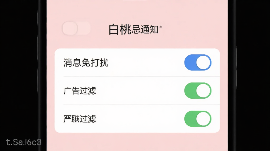 白桃应用的消息通知设置界面,界面中显示“消息免打扰”“广告过滤”等开关选项,设计风格扁平化,背景为淡粉色,文字清晰,排版整齐,整体画质干净无多余元素