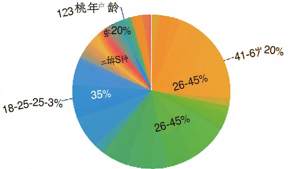 饼状图展示白桃用户年龄分布,18-25岁占35%,26-40岁占45%,41-60岁占20%,色彩鲜艳,标注清晰,背景为纯白色,图片干净无多余元素